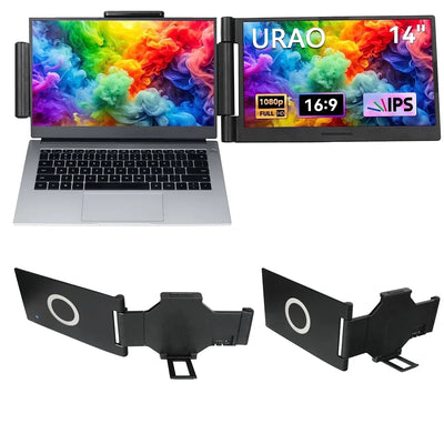 Two laptop screens displaying colorful graphics with URAO branding, accompanied by a laptop stand on a white background.