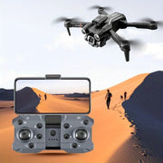 Drone and remote control with desert landscape on screen