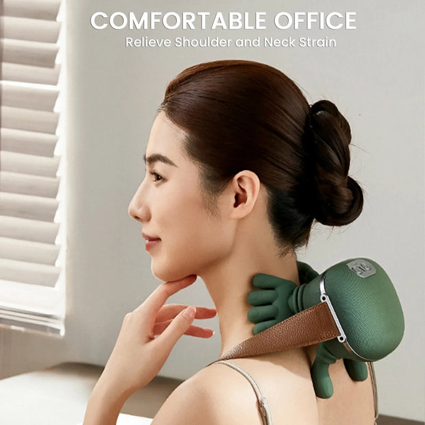 Woman using a green neck and shoulder massager with text 'Comfortable Office' and 'Relieve Shoulder and Neck Strain'.