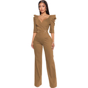 Brown jumpsuit with ruffled sleeves on a white background