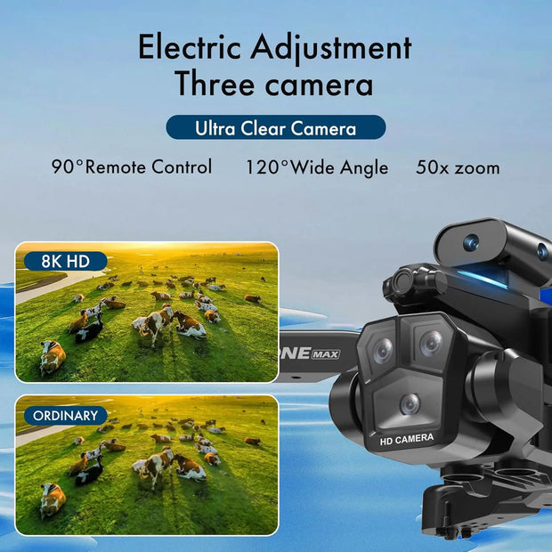 Three-camera system with electric adjustment, ultra-clear camera, 8K HD, remote control, wide angle, and zoom capabilities.