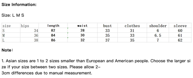 Size chart for clothing with measurements in centimeters