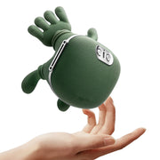Green hand-shaped speaker held in a hand on a white background