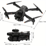 Black drone with measurement annotations on a white background