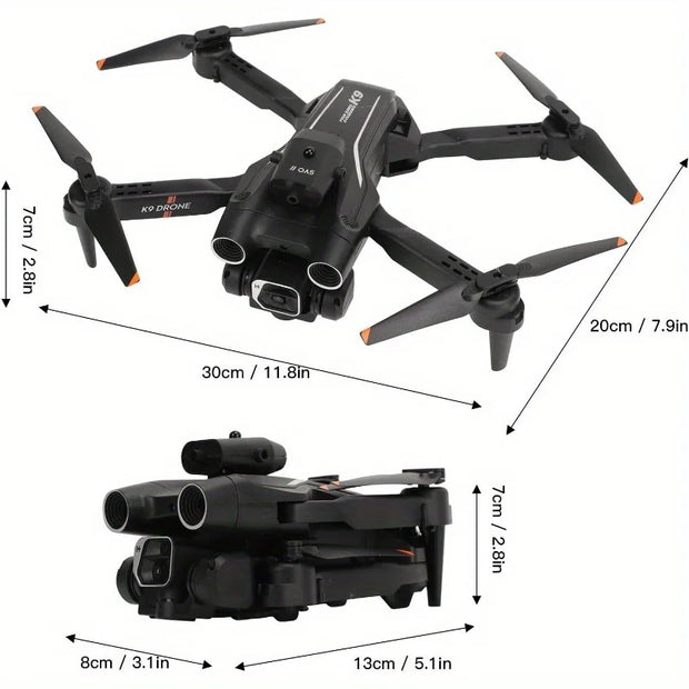 Black drone with measurement annotations on a white background