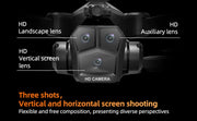 Camera with labeled lenses and screen on a black background