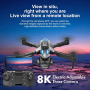 Drone with controller and smartphone displaying live view against a scenic background