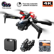Black drone with four-way automatic obstacle avoidance feature, three cameras, and 4K UltraHD camera on a white background.