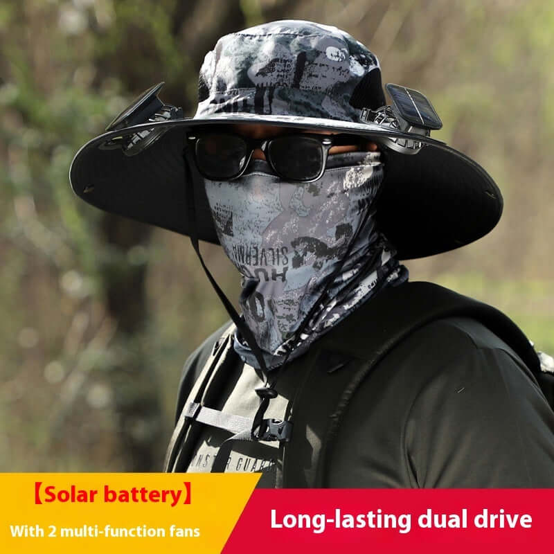 Person wearing a camouflage hat, sunglasses, and a face mask with text about solar battery and fans.