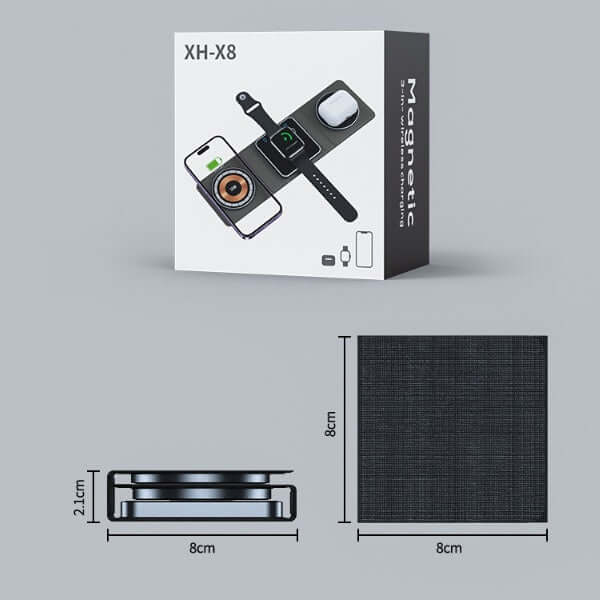 Product packaging with dimensions displayed on a gray background