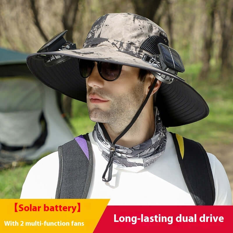 Man wearing a camouflage sun hat with solar battery and fans, outdoors.