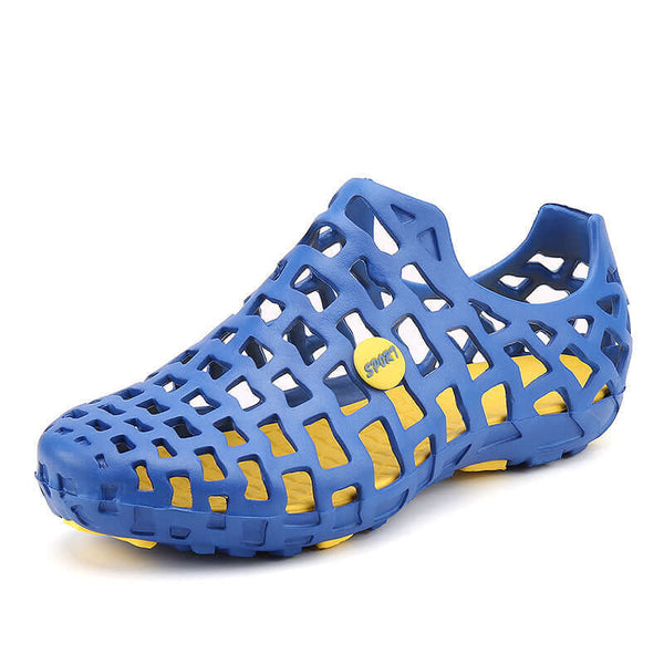 Blue and yellow sandal with a visible brand logo on a white background