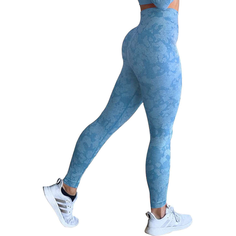Blue patterned yoga leggings designed for ultimate comfort and flexibility, perfect for workouts and casual wear.