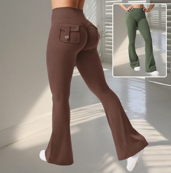 Brown flared pants with a small inset of green flared pants.
