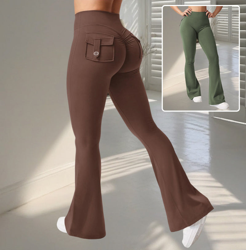 Brown flared pants with a small inset of green flared pants.