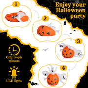 Halloween-themed product set with pumpkins and ghosts, featuring LED lights and quick assembly instructions.