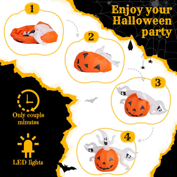 Halloween-themed product set with pumpkins and ghosts, featuring LED lights and quick assembly instructions.