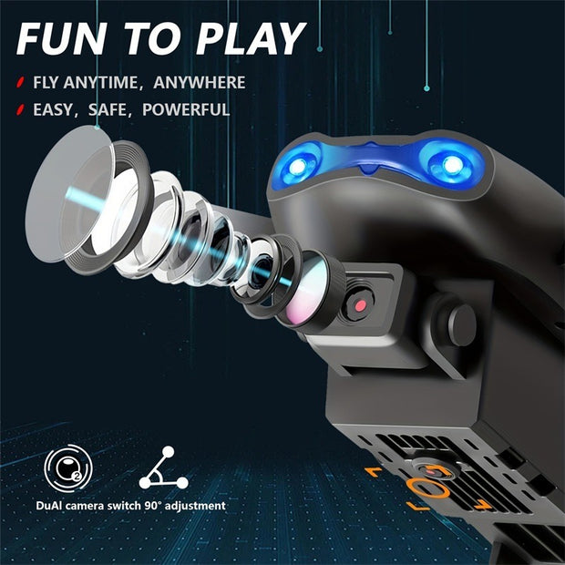 Toy drone with dual camera setup on a dark background, featuring text about playability and features.