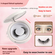 V-shaped fishtail eyelashes in a compact with usage instructions on a pink background