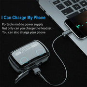 Portable power supply charging TWS earphones and phone with LED display, perfect for on-the-go use.
