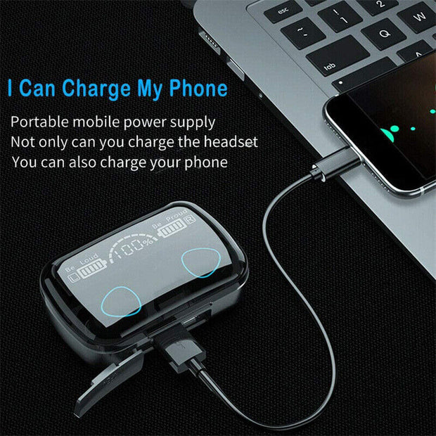 Portable power supply charging TWS earphones and phone with LED display, perfect for on-the-go use.