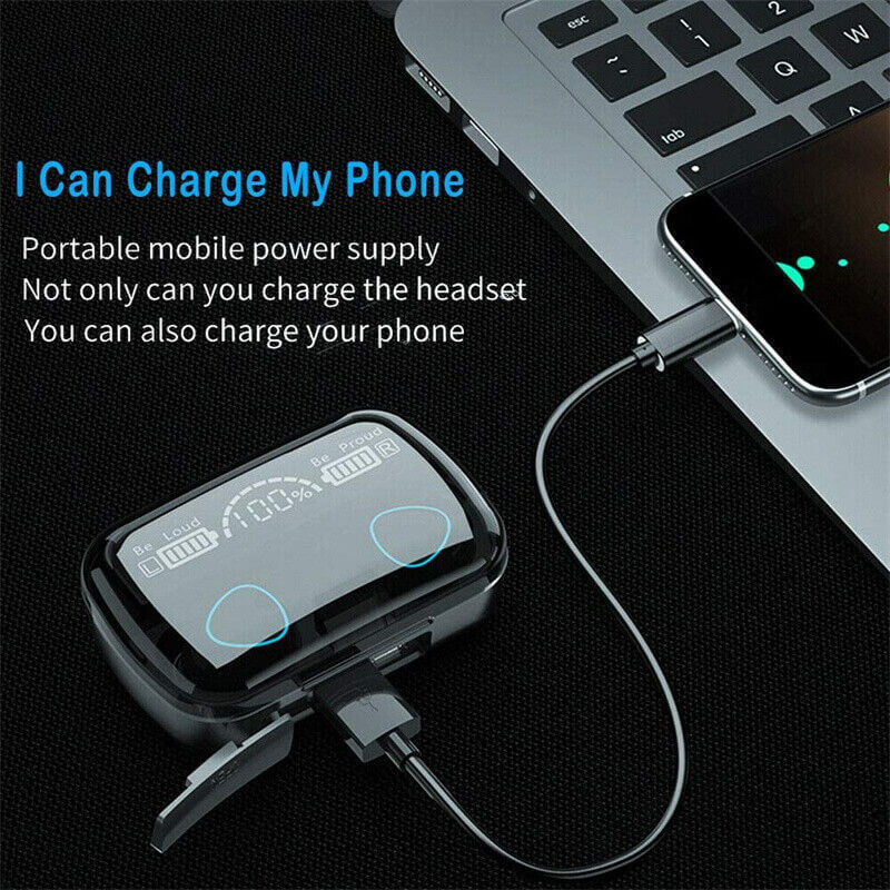 Portable power supply charging TWS earphones and phone with LED display, perfect for on-the-go use.