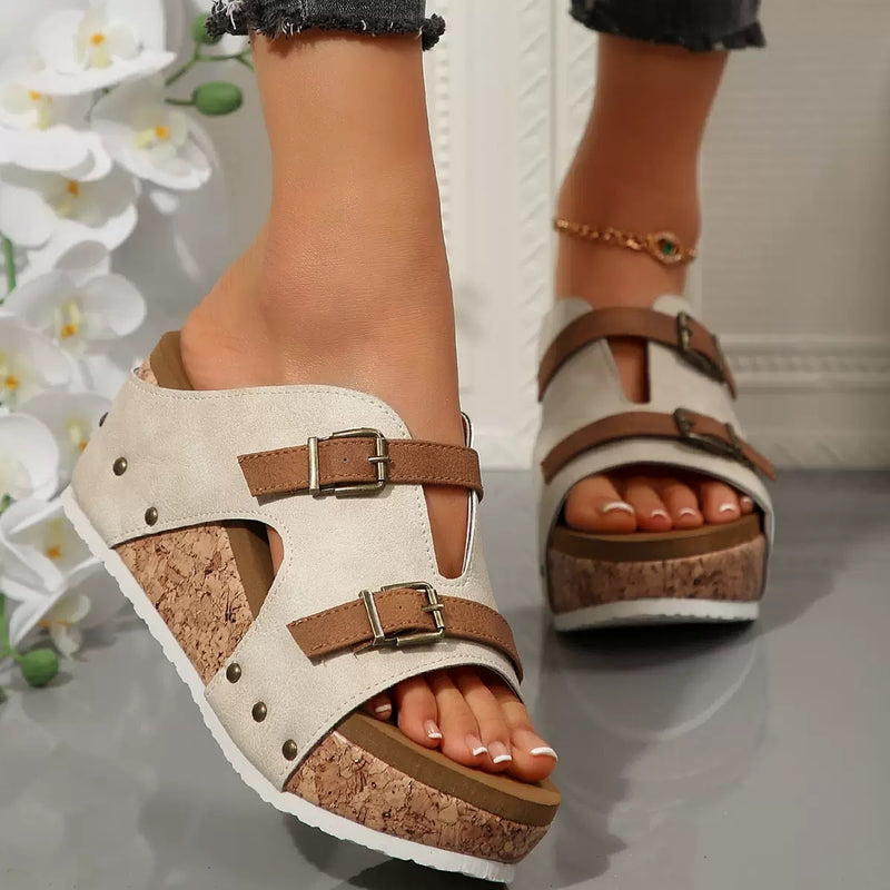 Buckle Wedges Sandals Summer Fish Mouth Thick High Heel Slides Slippers Outdoor Fashion Beach Roman Shoes For Women