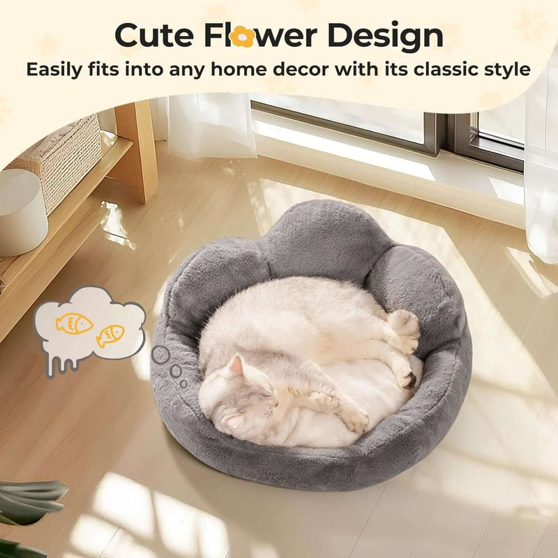 Cozy MEWOOFUN Cat & Small Dog Bed - Fluffy, Washable Flower Sofa with Non-Slip Bottom for Happy Indoor Pets, Grey, 23"