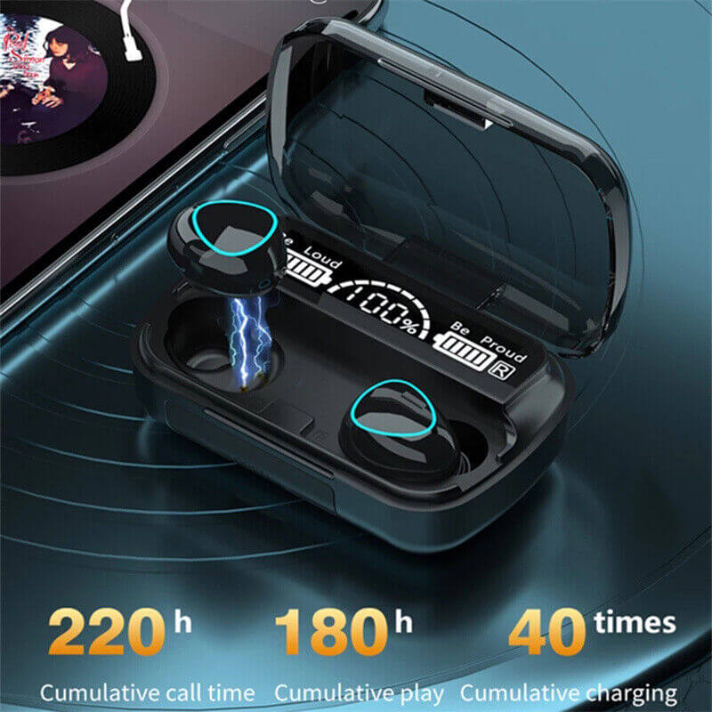 TWS 5.1 waterproof Bluetooth earphones in charging case showcasing battery life and playtime features.