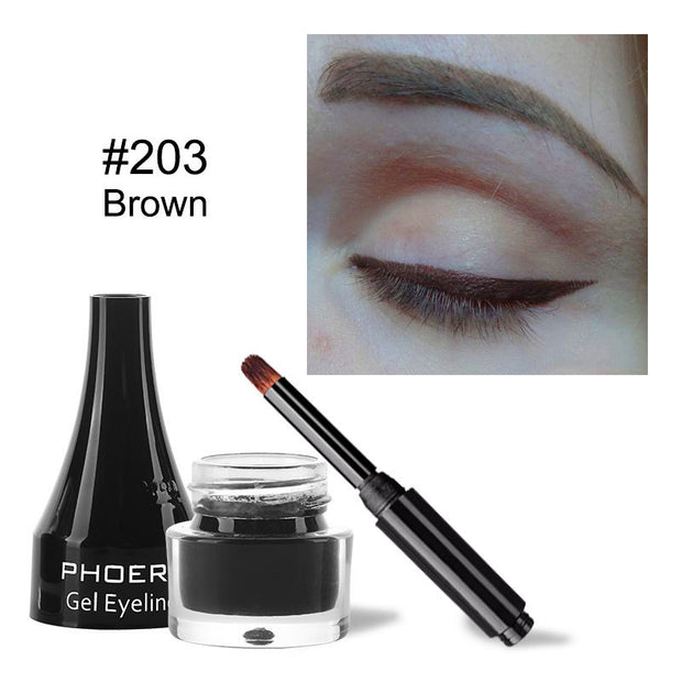 PHOER gel eyeliner with applicator and close-up of brown eyeliner on eye