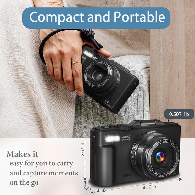 4K Vlogging Digital Camera with Dual Microphone and 180° Flip Screen