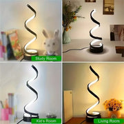 Spiral table lamp shown in different settings: study room, kids' room, and living room.