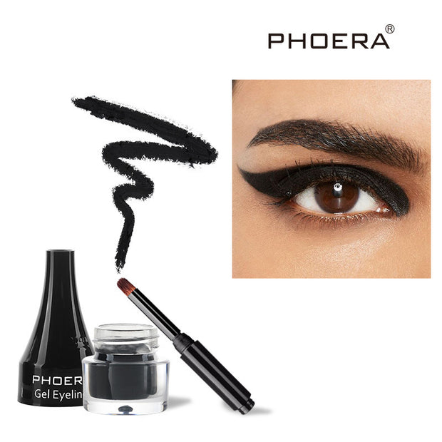 PHOERA gel eyeliner set with application example on a white background