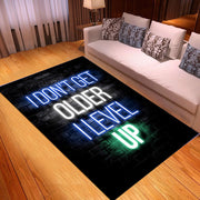 Neon-style rug with text 'I don't get older, I level up' in a living room setting.