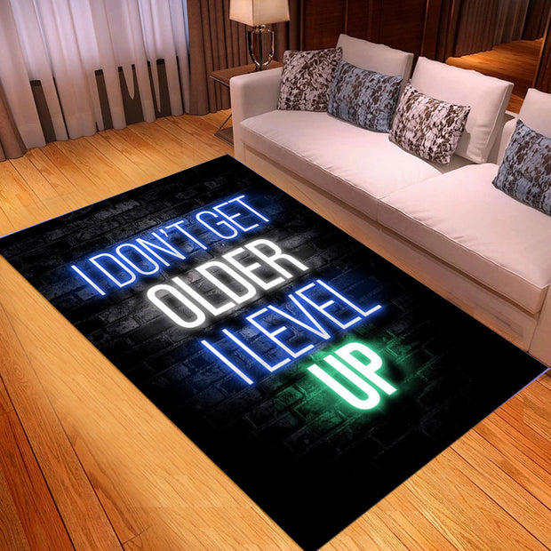 Neon-style rug with text 'I don't get older, I level up' in a living room setting.