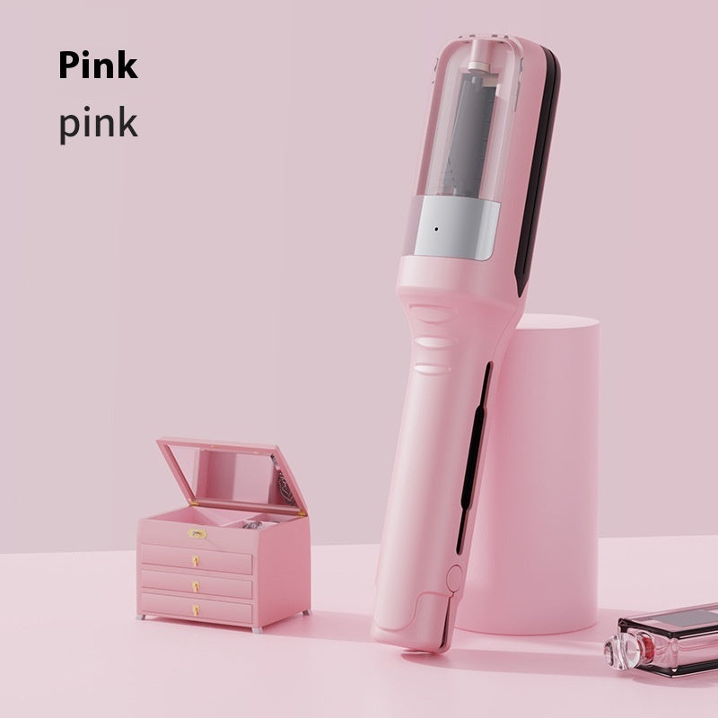 Pink hair straightener with pink jewelry box on a light pink background