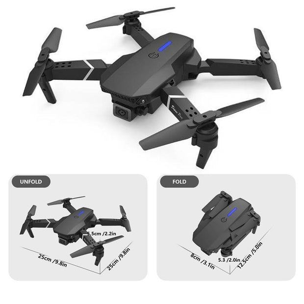 Black drone with open and folded configurations on a white background