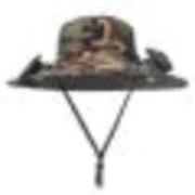 Camo-patterned hat with a strap on a white background