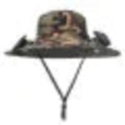 Camo-patterned hat with a strap on a white background