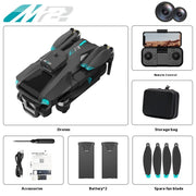 M2 drone with accessories including remote control, storage bag, batteries, and spare fan blade on a white background.