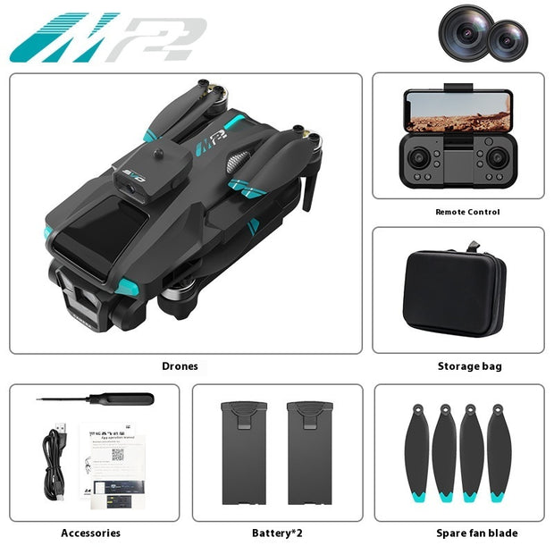 M2 drone with accessories including remote control, storage bag, batteries, and spare fan blade on a white background.