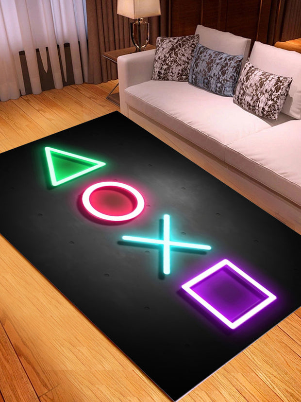 Neon game controller symbols on a black rug in a living room.