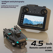 Intelligent aerial photography drone with remote control and screen displaying mountain landscape on a light gray background.