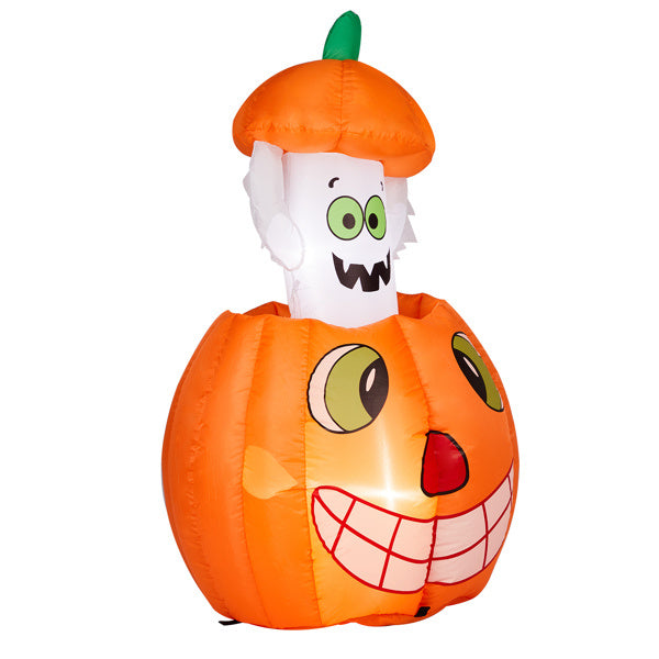 Inflatable pumpkin with ghost face on a white background