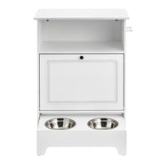 White pet stand with two stainless steel bowls on a white background