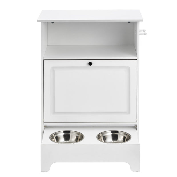 White pet stand with two stainless steel bowls on a white background