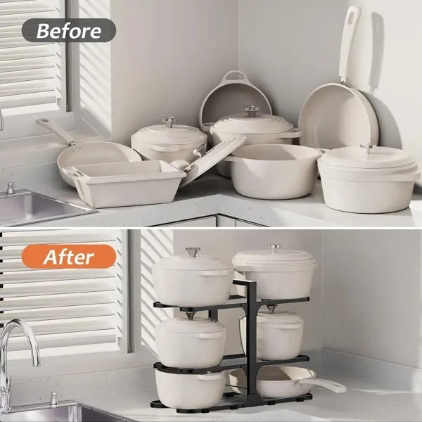 Before and after comparison of kitchen pots and pans on a countertop with an organizer.