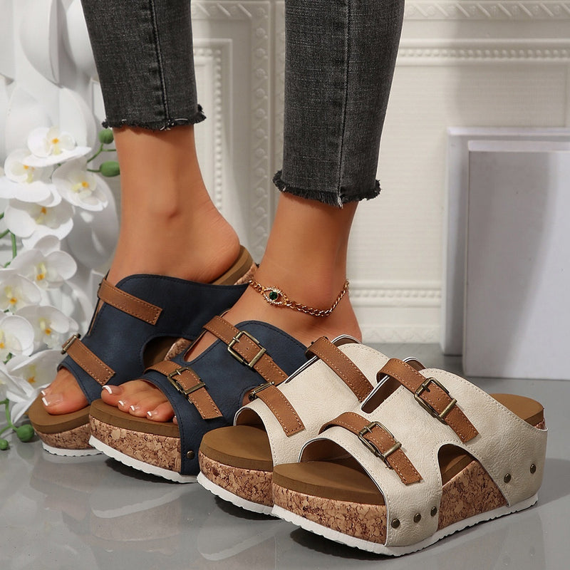 Buckle Wedges Sandals Summer Fish Mouth Thick High Heel Slides Slippers Outdoor Fashion Beach Roman Shoes For Women