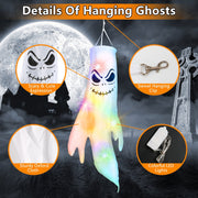 Hanging ghost decoration with colorful LED lights, swivel clip, and detailed features against a moonlit sky.
