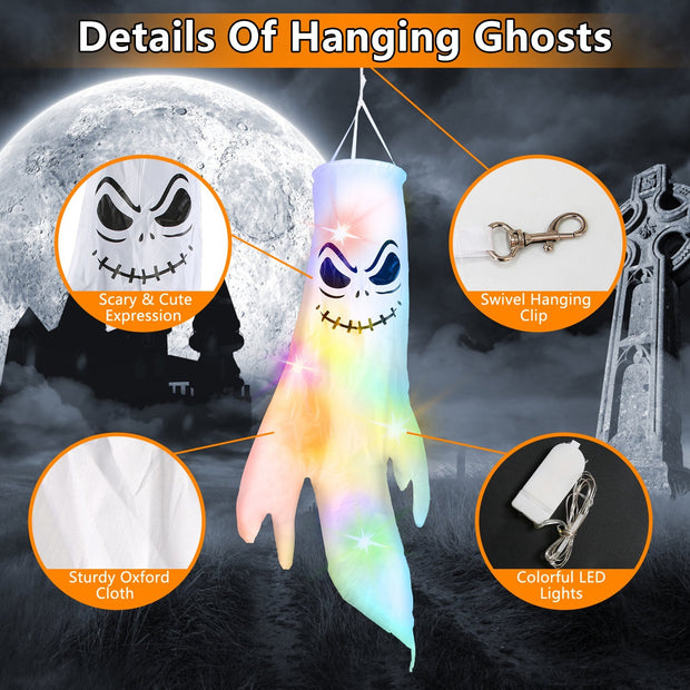 Hanging ghost decoration with colorful LED lights, swivel clip, and detailed features against a moonlit sky.